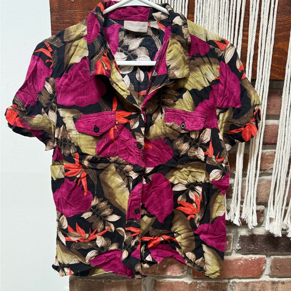 croft & barrow Short-Sleeve Floral Button-Up Shirt in Magenta, Olive & Black